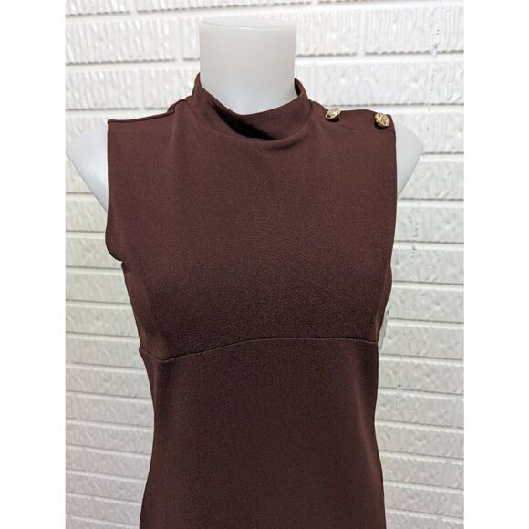 Stella & Julie Women's Brown Gold Button Shoulder Sleeveless Sheath Dress 4 NWT - Picture 4 of 6